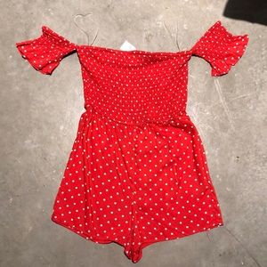 red and white polka dot off the shoulder romper